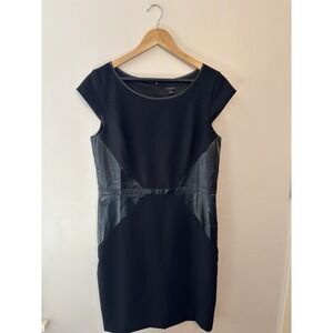Ann Taylor Women's Black Sheath Dress Faux Leather Cap Sleeve LBD Size 12